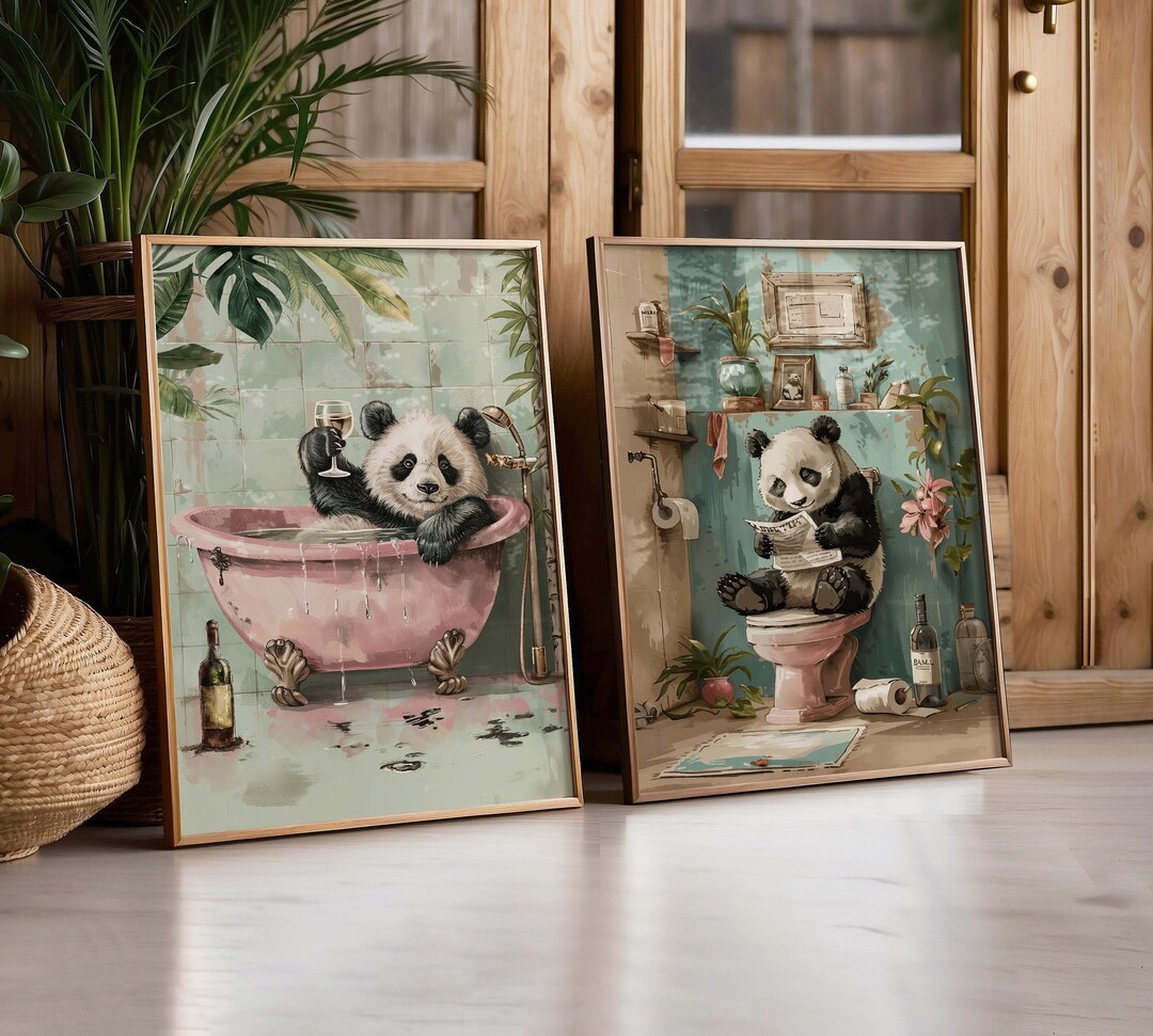 Set of 2 Panda Bathroom Prints - Panda Toilet Wall Art, Animal Decor ...
