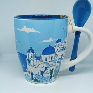 Traditional church of Greece mug coffee tea with spoon