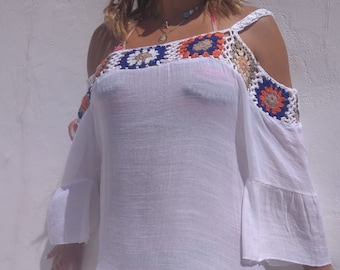 White Kaftan beach wear dress with colourful handmade crochet