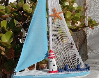 Decoración de barco de madera alto hecho a mano