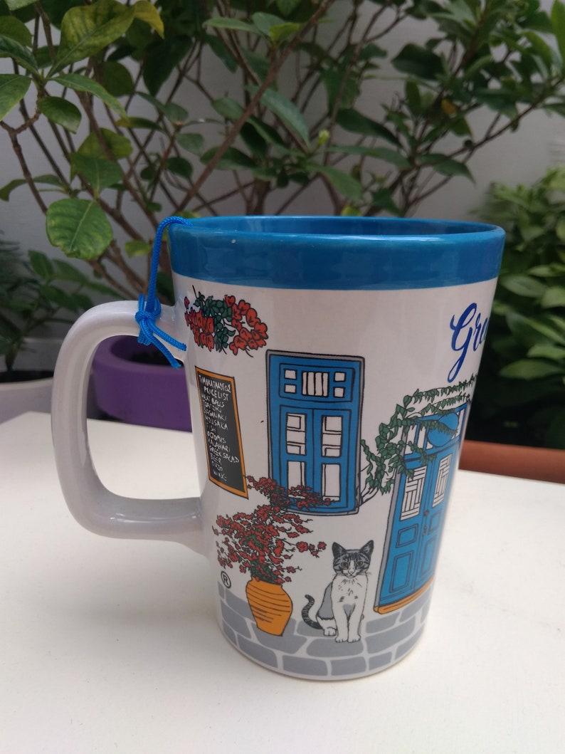 Large mug coffee tea ceramic Greek Mykonos with bicycle height 12 cm
