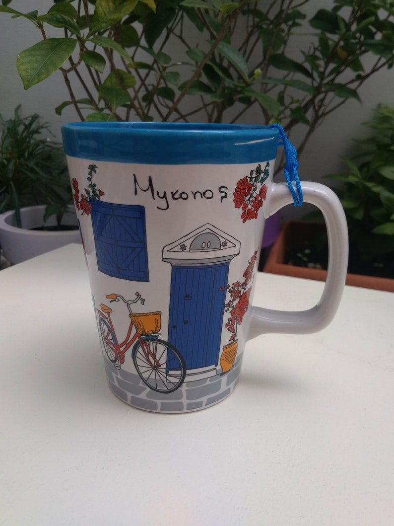 Large mug coffee tea ceramic Greek Mykonos with bicycle height 12 cm