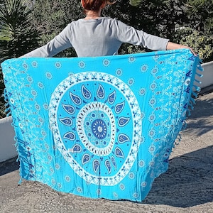 Blue sarong pareo beach cover up scarf Mandala design