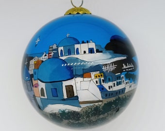 Church of Greek islands Christmas blue ball tree hanging decoration