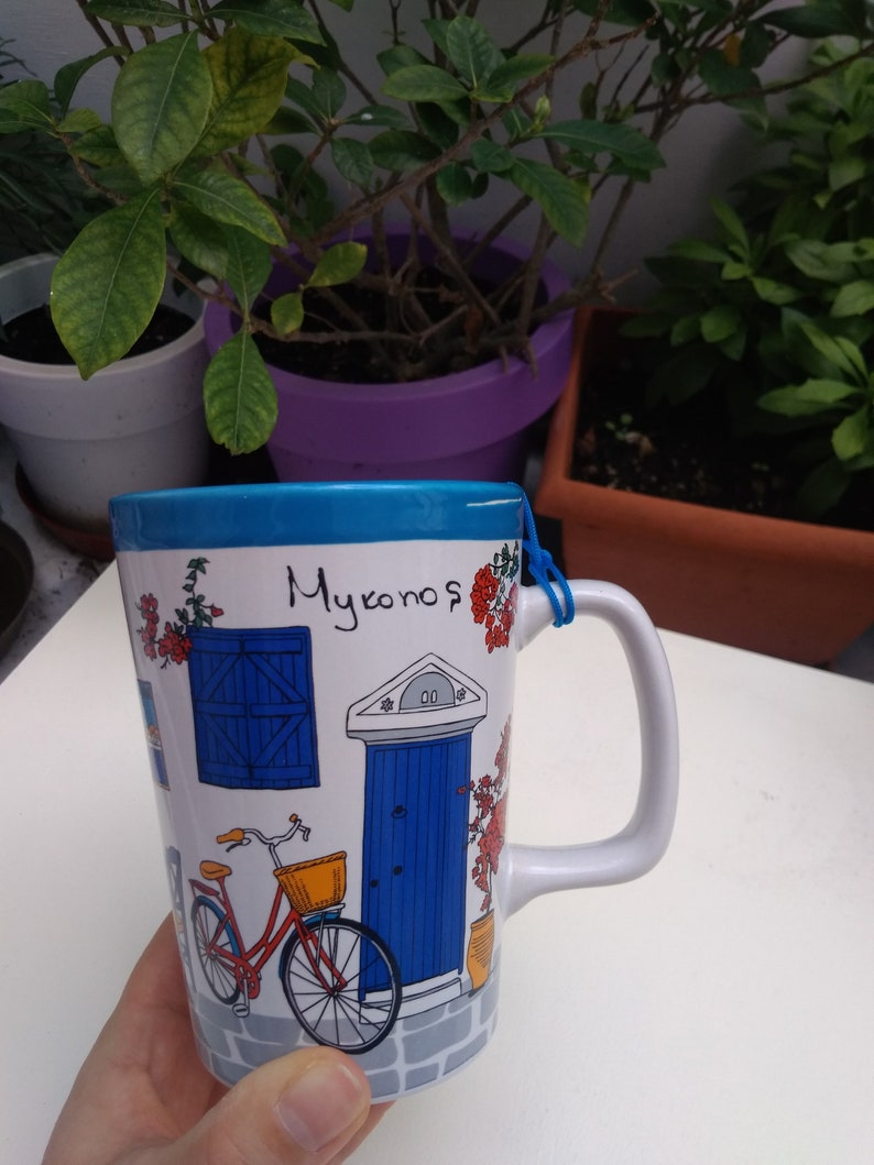 Large mug coffee tea ceramic Greek Mykonos with bicycle height 12 cm
