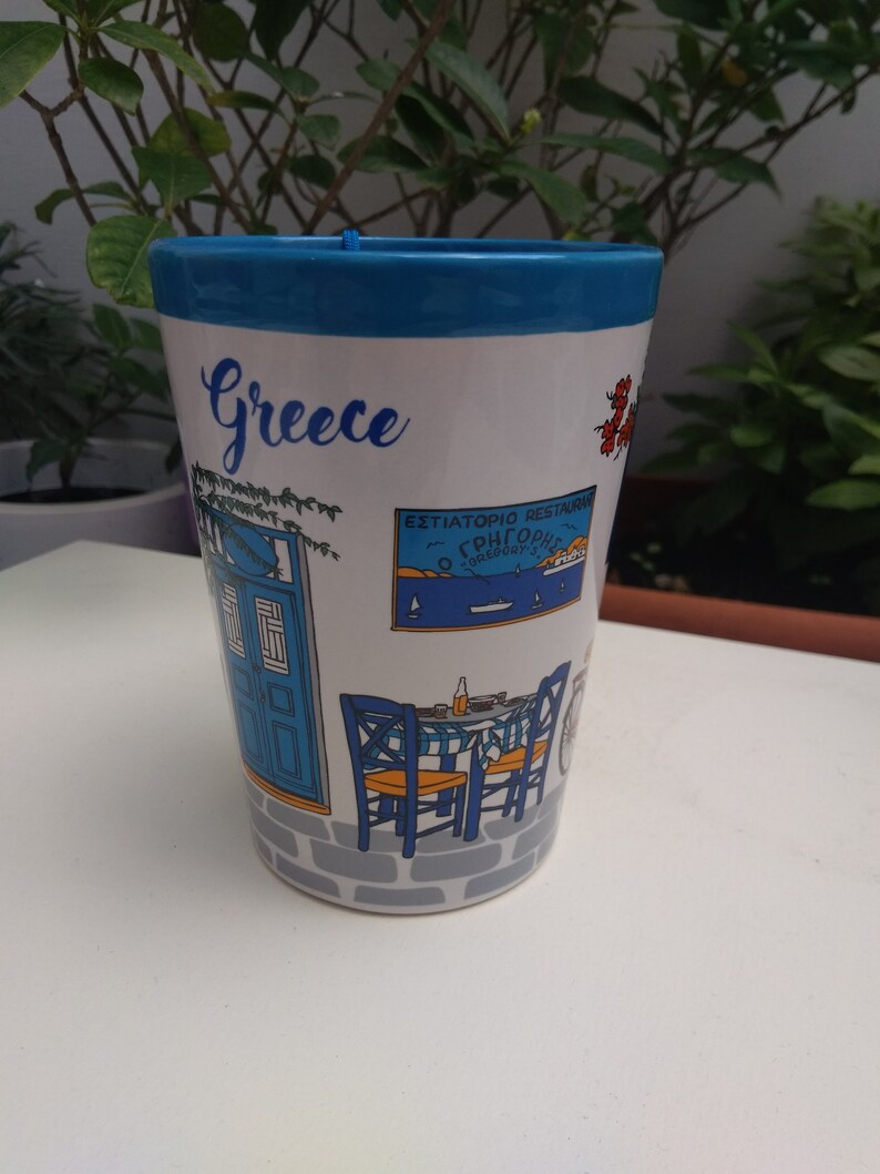 Large mug coffee tea ceramic Greek Mykonos with bicycle height 12 cm