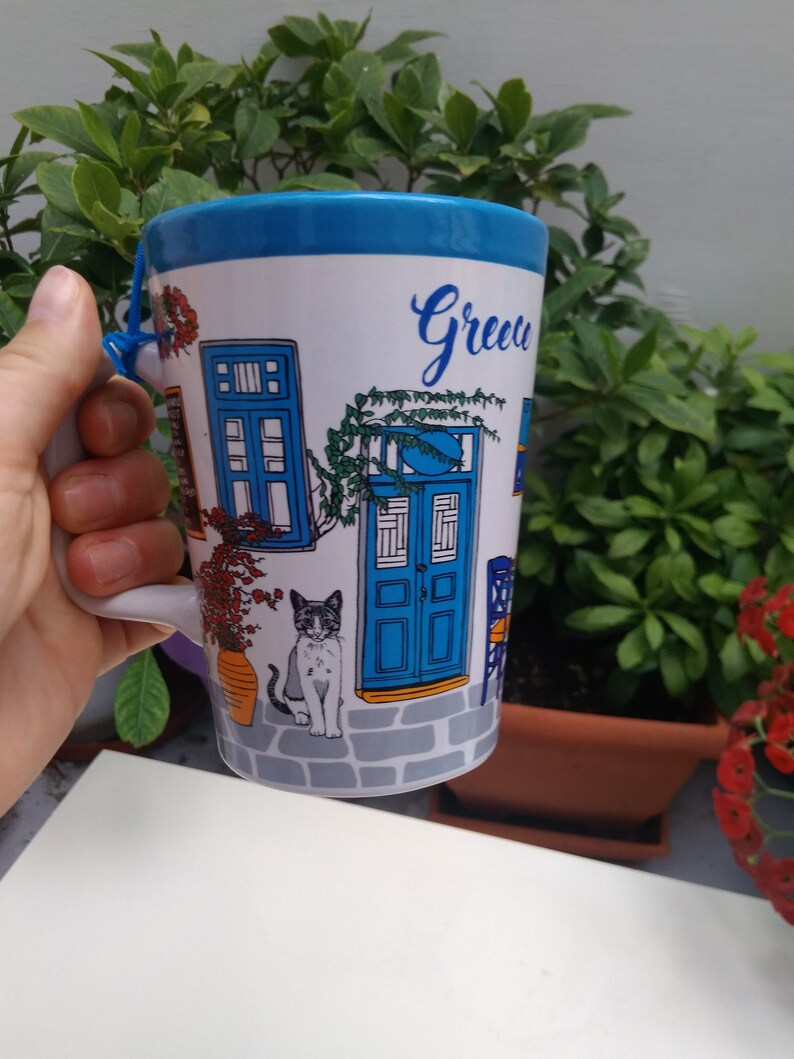 Large mug coffee tea ceramic Greek Mykonos with bicycle height 12 cm