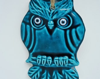 Ceramic owl with evil eye wall hanging decoration