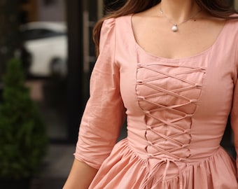 Ophelia linen dress. Midi length. Powdery color.
