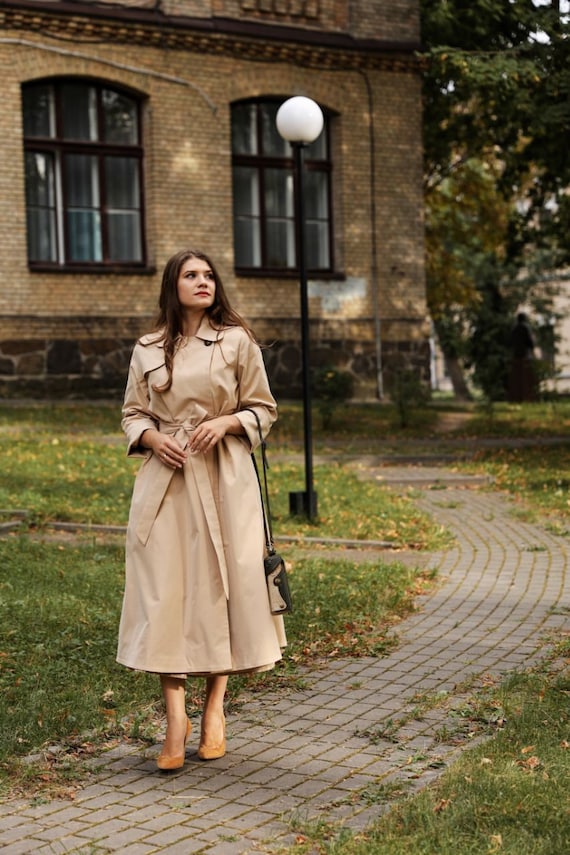 【60s】Euro Vintage Cotton Belted Coat 46 Vintage 70s Womens S Belted Trench Coat Maxi Overcoat Hooded