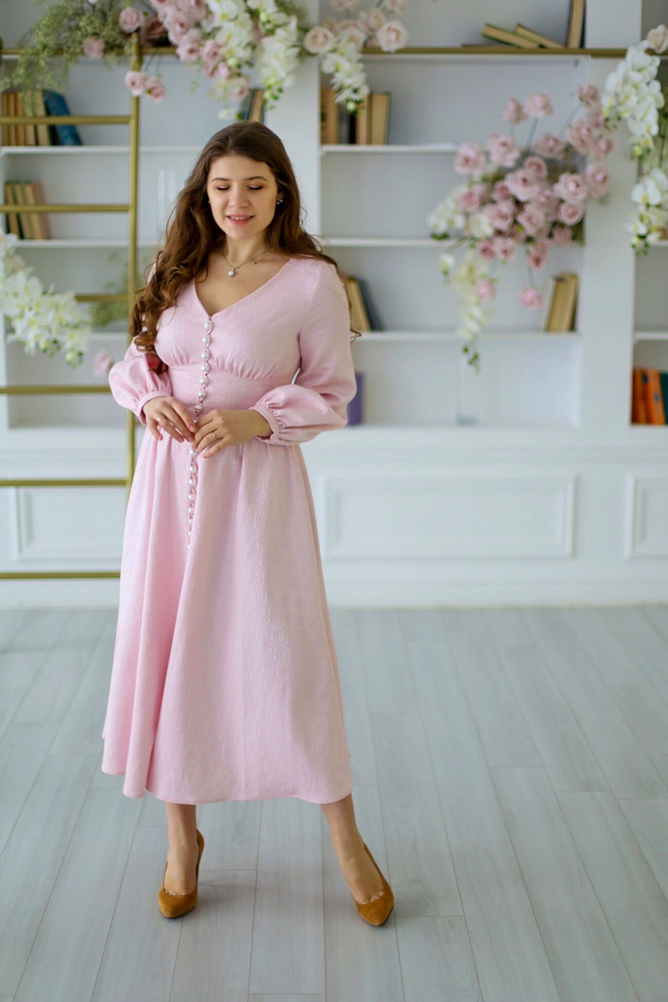 Lydia Dress. Jacquard Dress. Cotton Jacquard. Pearl Buttons