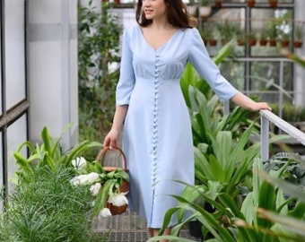 Ellen dress. Elegant dress. Blue dress. Pearl buttons