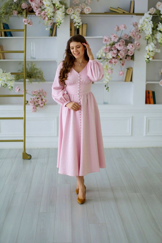 Lydia Dress. Jacquard Dress. Cotton Jacquard. Pearl Buttons