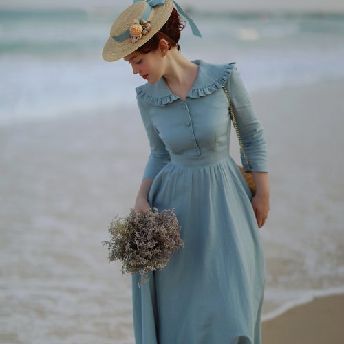 linen viscose dress Blue linen-viscose dress with colorful edges