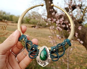 Gargantilla de Malaquita en Plata de 1a Ley, Macramé y Latón • Collar Único • Festival Jewelry • Bohemian Jewelry •