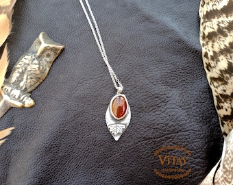 Carnelian Agate Pendant with Autumn Leaf in Sterling Silver • Fine Silver Pendant • Boho Jewelry • Bohemian Jewelry •