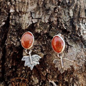 Carnelian Agate Earrings with Autumn Leaf in 925 Sterling Silver Handmade Signature Jewelry image 1