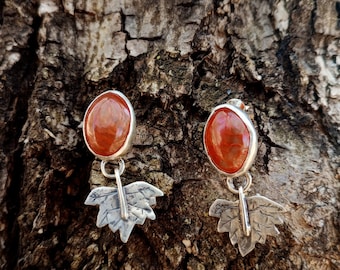 Carnelian Agate Earrings with Autumn Leaf in 925 Sterling Silver • Handmade • Signature Jewelry •