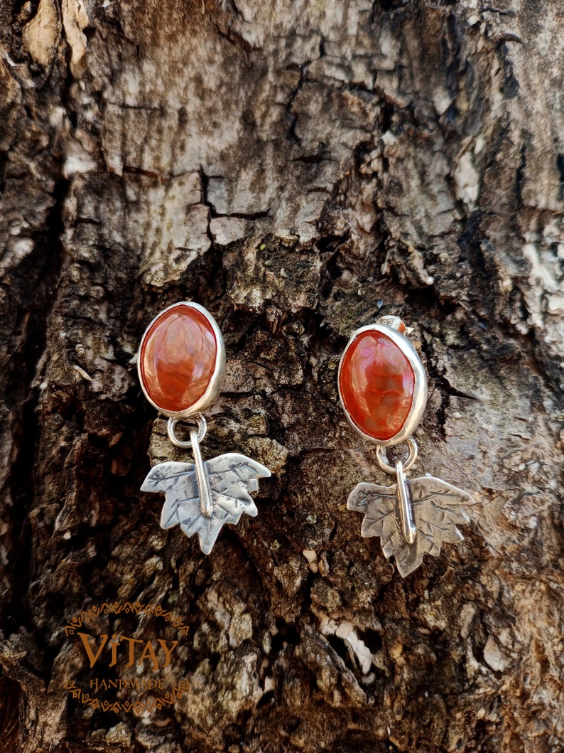Carnelian Agate Earrings with Autumn Leaf in 925 Sterling Silver Handmade Signature Jewelry image 1