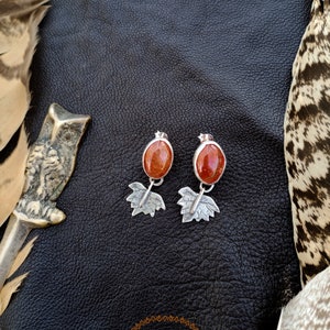 Carnelian Agate Earrings with Autumn Leaf in 925 Sterling Silver Handmade Signature Jewelry image 2