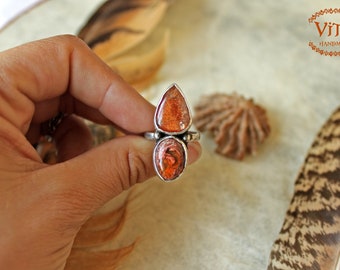 Anillo de Plata con Ópalo y Piedra Sol • Hecho a Mano Talla 16 • Boho Jewelry •