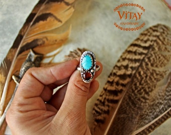Anillo de Plata con Turquesa Iraní y Ámbar Báltico • Hecho a Mano Talla 19 • Boho Jewelry •