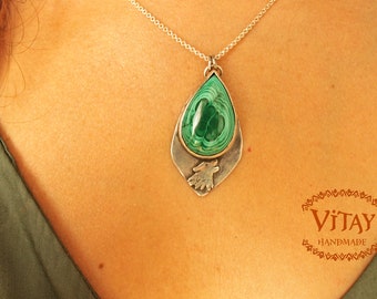 Handmade Malachite and 925 Silver Wolf Pendant • Wolf Silver Necklace • Boho Jewelry • Ethnic Wear •