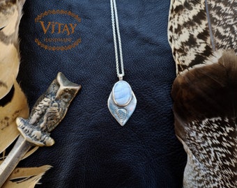 Chalcedony Pendant with Leaf in 1st Sterling Silver with Leaf details • Fine Silver Pendant • Boho Jewelry • Bohemian Jewelry •