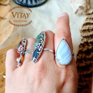 Silver Ring with Chalcedony • Handmade Size 18 • Boho Jewelry •