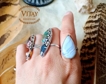 Anillo de Plata con Calcedonia • Hecho a Mano Talla 18 • Boho Jewelry •