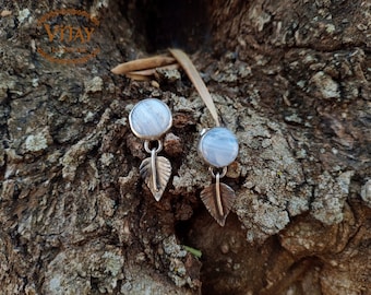 Blue Chalcedony Earrings with Leaf in 925 Sterling Silver • Handmade • Signature Jewelry •