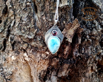 Larimar and Garnet Pendant in 925 Sterling Silver • Handmade • Signature Jewelry •