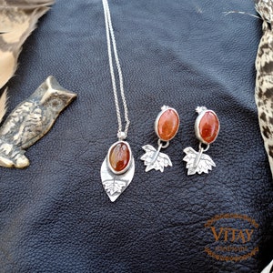 Carnelian Agate Earrings with Autumn Leaf in 925 Sterling Silver Handmade Signature Jewelry image 3