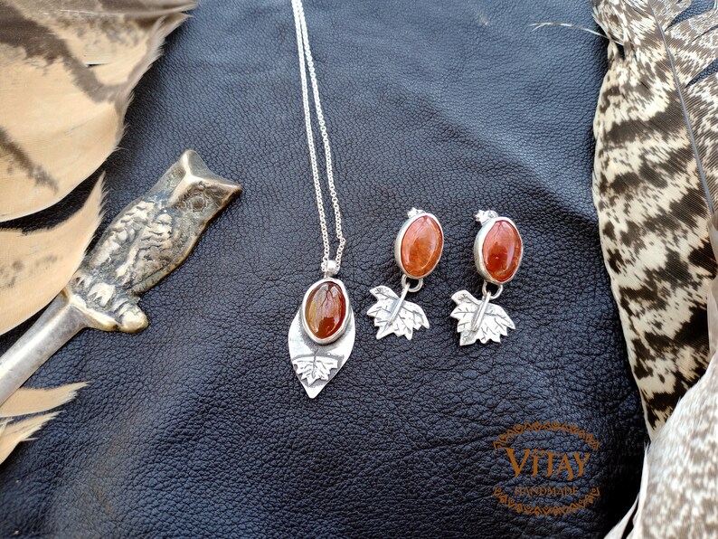 Carnelian Agate Earrings with Autumn Leaf in 925 Sterling Silver Handmade Signature Jewelry image 3