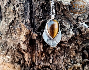 Tiger's Eye Pendant with Ginkgo Biloba Leaf in Sterling Silver • Fine Silver Pendant • Boho Jewelry • Bohemian Jewelry •