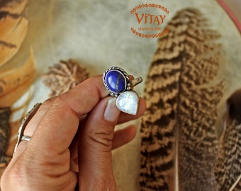 Silver Ring with Lapis Lazuli and Moonstone • Handmade Size 15 • Boho Jewelry •