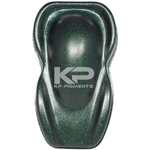 May include: A dark green car paint sample with a metallic finish and a subtle sparkle. The sample is shaped like a car and has the text "KP PIGMENTS" printed on it.