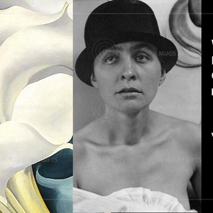 Op de afbeelding: Een zwart-witfoto van Georgia O'Keeffe, de Amerikaanse schilder, die een zwarte hoed draagt. De tekst "White Trumpet Flower by American Painter Georgia O'Keeffe Painted 1932" staat in de rechterbovenhoek van de afbeelding. De tekst "Georgia O'Keeffe" is met zwarte inkt in de rechterbenedenhoek van de afbeelding geschreven.