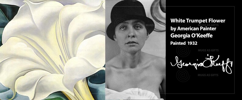 Op de afbeelding: Een zwart-witfoto van Georgia O'Keeffe, de Amerikaanse schilder, die een zwarte hoed draagt. De tekst "White Trumpet Flower by American Painter Georgia O'Keeffe Painted 1932" staat in de rechterbovenhoek van de afbeelding. De tekst "Georgia O'Keeffe" is met zwarte inkt in de rechterbenedenhoek van de afbeelding geschreven.