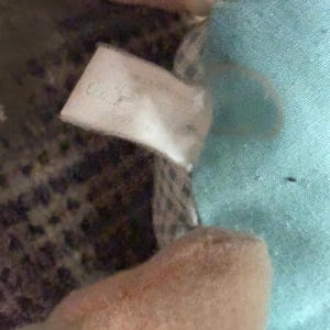 May include: Close-up of a plush toy with a tag. The toy has a light blue fabric and a beige, textured surface. The tag is white with faded text.