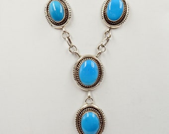 Navajo Sterling Silver High Grade Blue Kingman Turquoise Lariat Y Necklace Earrings