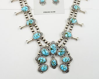 Green Sonoran Gold Turquoise Sterling Silver Squash Blossom Necklace Earrings Set Navajo