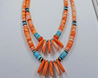 Turquoise and Orange Spiny Oyster beaded Necklace with Navajo Pearl Beads Sterling Silver 2 strand 24" Long