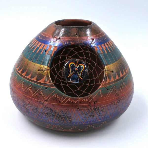 Native American Navajo Handmade Pottery Horse Hair Vase Hand Etch & Painted Southwestern Home Decor Multicolor by Dylan Skeets