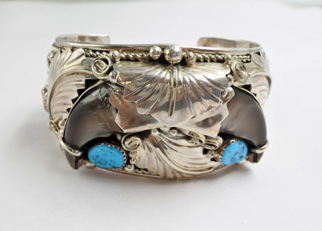 Navajo Handmade Sterling Silver Double Bear Claw Genuine Turquoise and