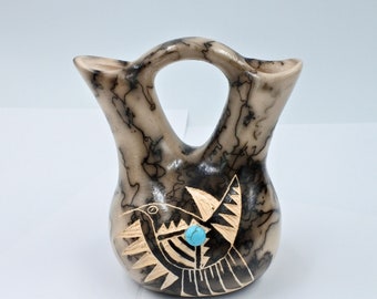 Navajo Horsehair Pottery Wedding Vase Hummingbird 5 1/4" Tall