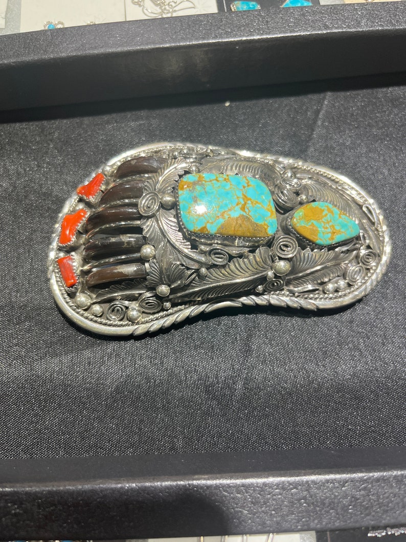 Navajo Handmade Huge Sterling Silver Bear Claw Genuine Turquoise and