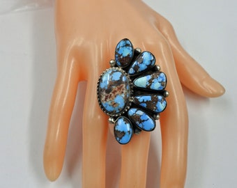 Huge Navajo Golden Hill Turquoise Cluster Ring Adjustable