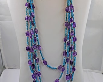 Turquoise Amethyst Navajo Pearl Sterling Silver Necklace 5 Strand 28 Inches Long