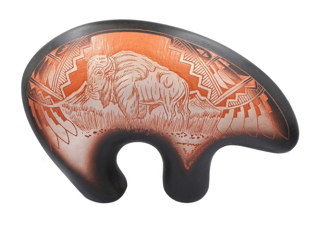 Native American Navajo Pottery Bear With Buffalo Etch Handmade by J